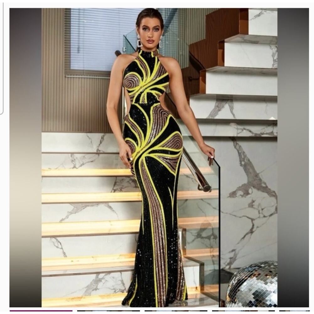 Love & Lemonade Sequin Halter neck backless cut out prom dress black and gold